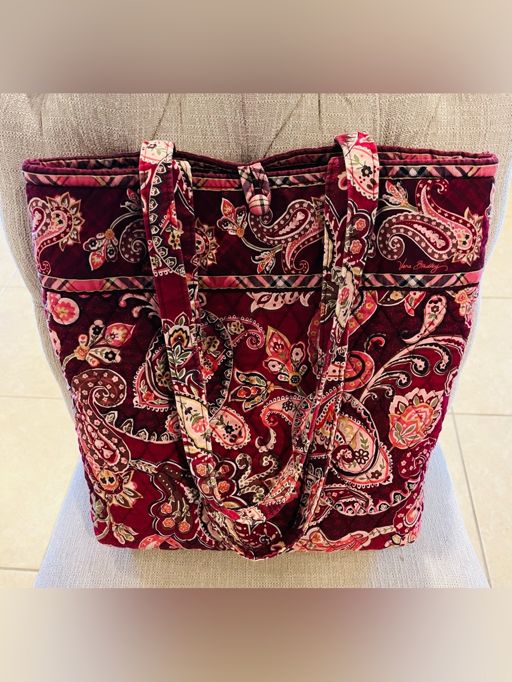 Vera Bradley Burgundy Paisley Quilted Tote with Floral Accents